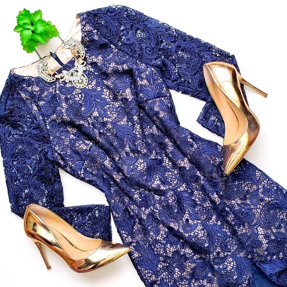 ML Monique Lhuillier Lace Long Sleeve Ruffled Mini Cocktail Sheath Dress Size 2 - Picture 2 of 10